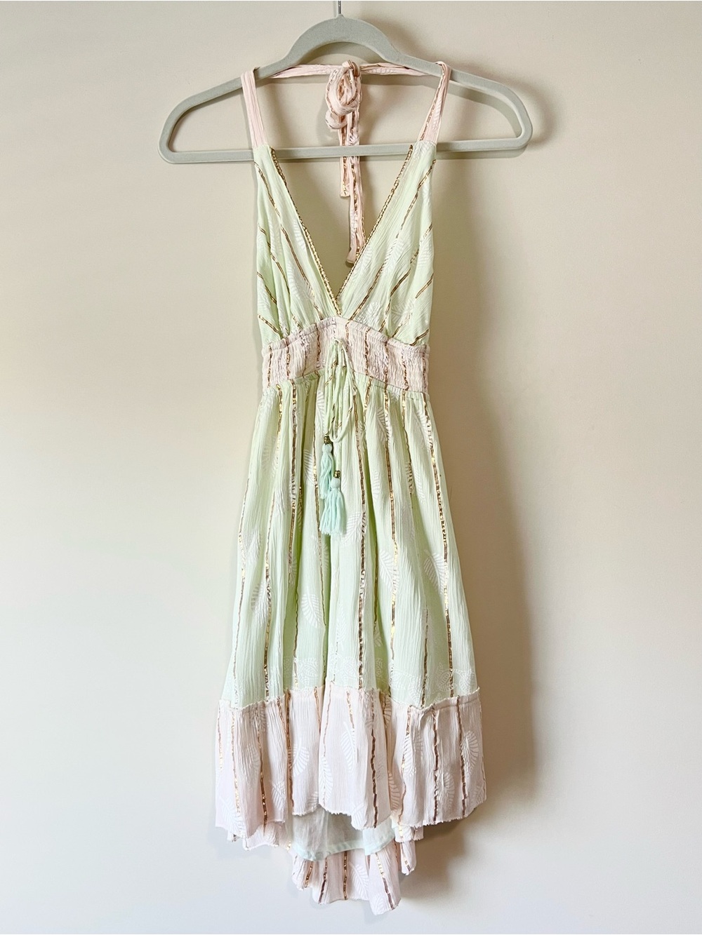 Light Mint Green & Pale Pink Halter Sundress with Gold Lining
